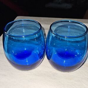 Set of Two Blue Roly Poly Glass Tumblers. 3 1/2"